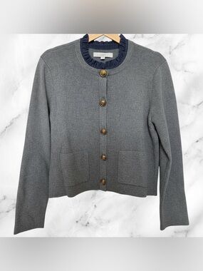 NWT LOFT Gray Knit Cardigan with Navy Jean Ruffle Trim and Gold Button